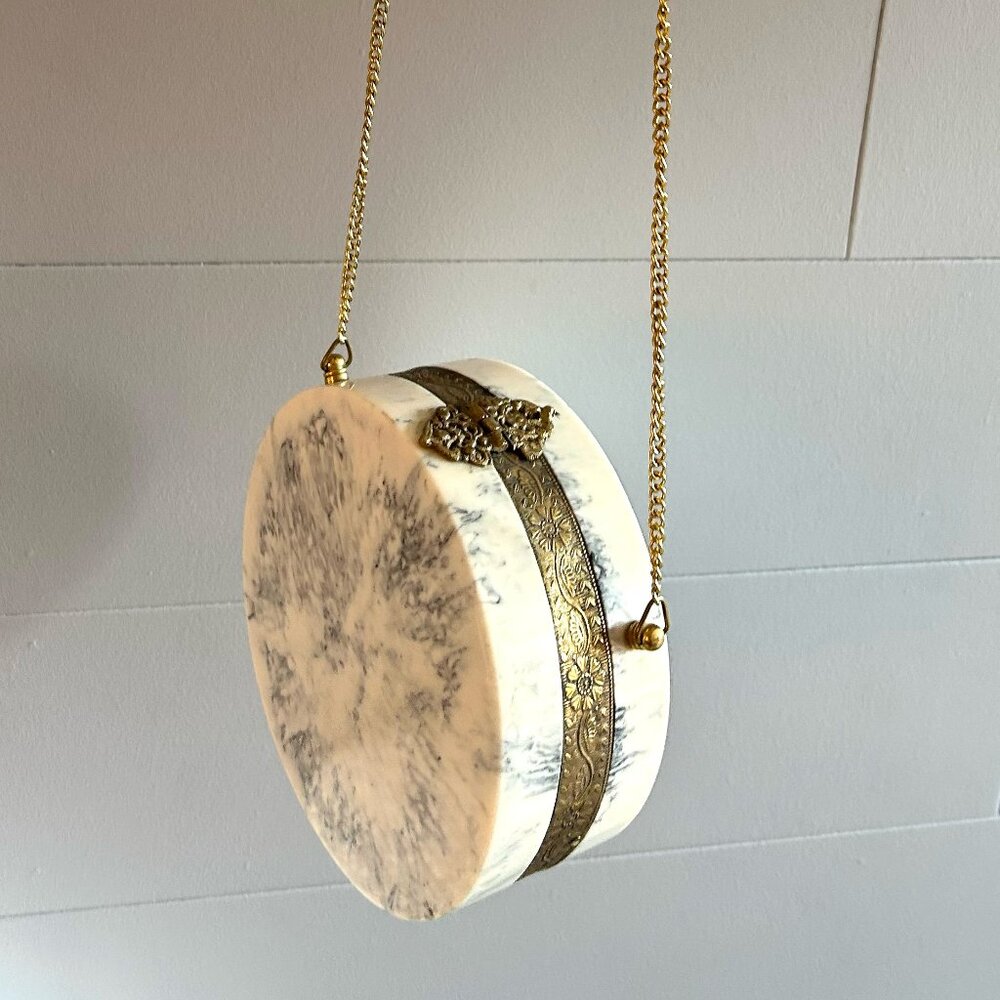 Antique Circular Marble Purse with Gold Chain